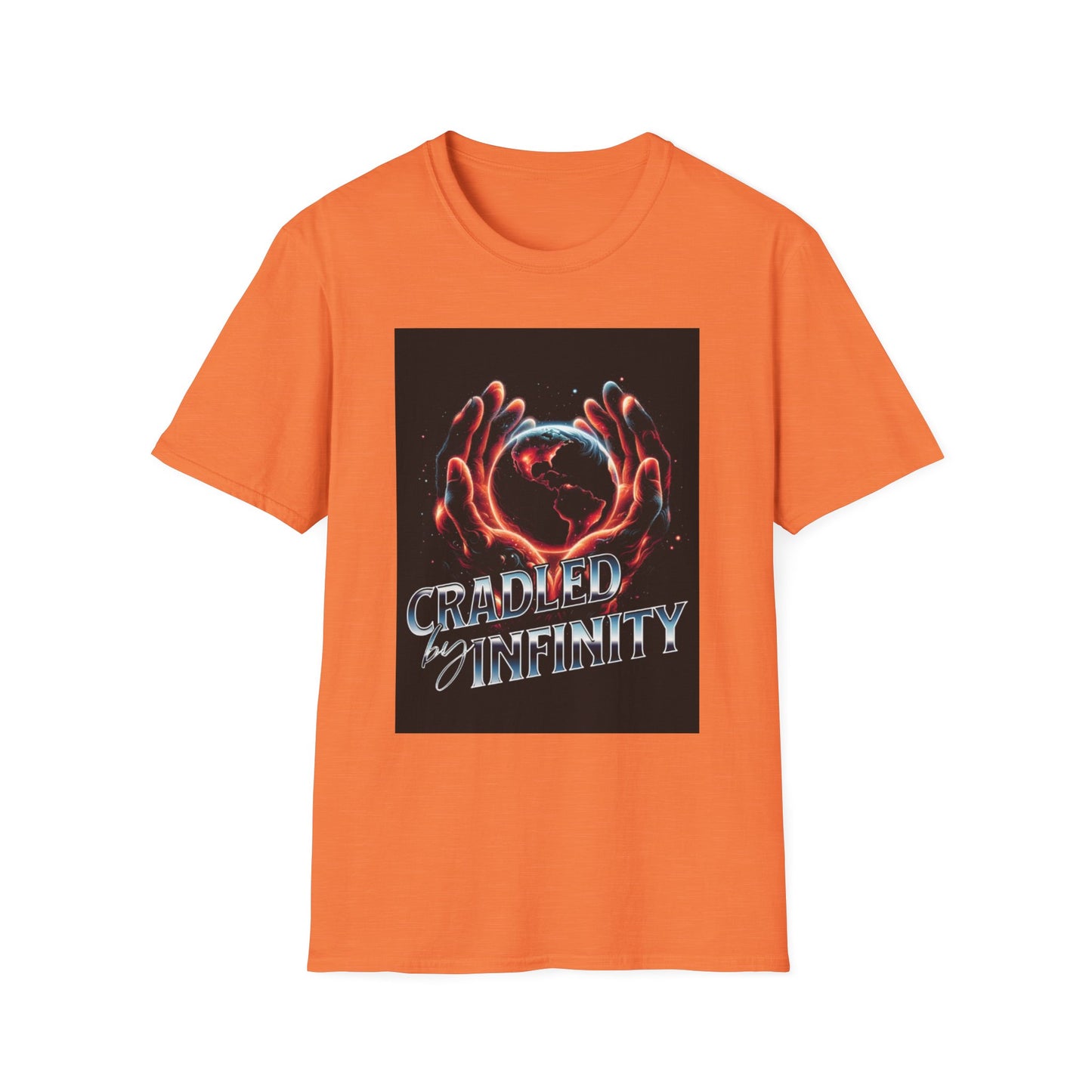 Cradled by Infinity T-Shirt, Cosmic Graphic Tee, Unisex Softstyle Shirt, Gift for Space Lovers, Fun Casual Wear, Summer Outfit