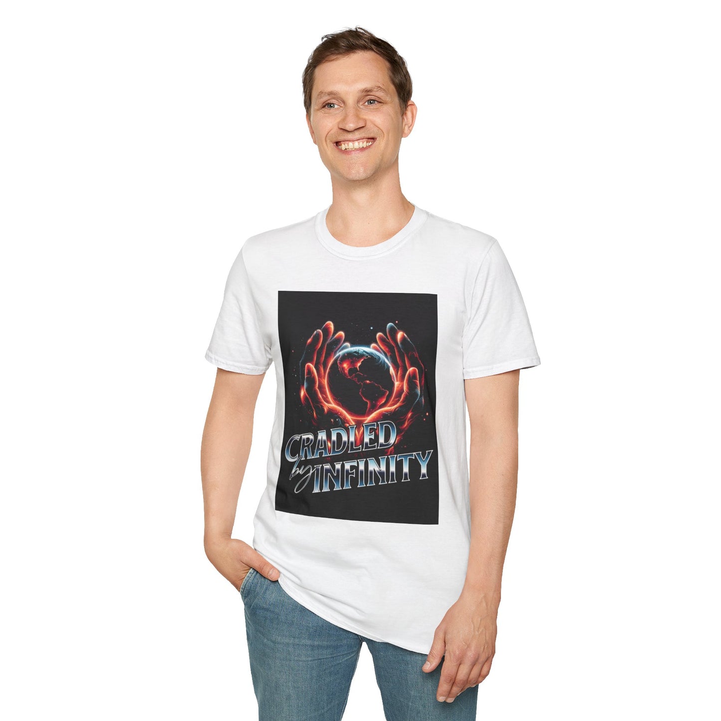 Cradled by Infinity T-Shirt, Cosmic Graphic Tee, Unisex Softstyle Shirt, Gift for Space Lovers, Fun Casual Wear, Summer Outfit