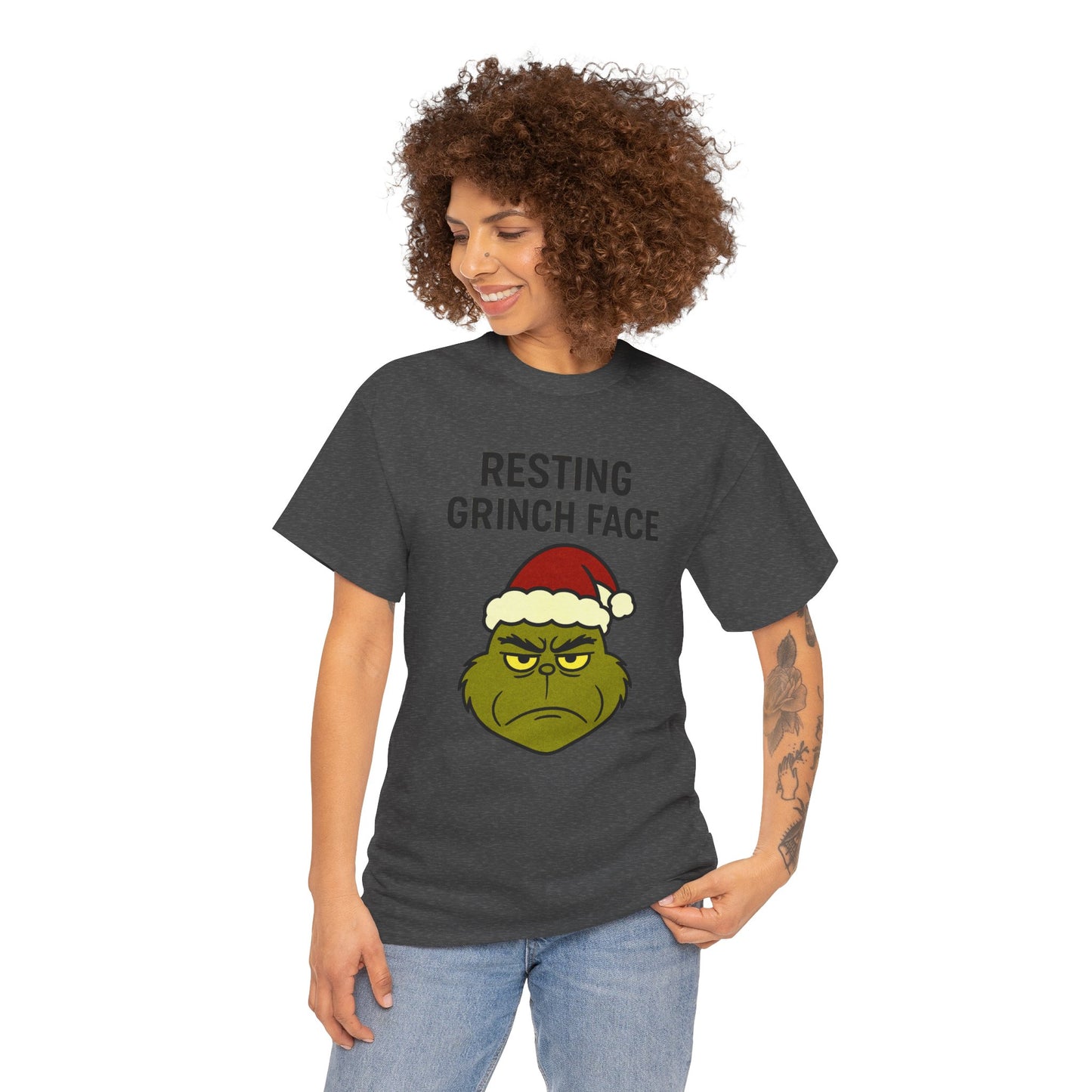 Resting Grinch Face Unisex Heavy Cotton Tee - Perfect Holiday Humor Shirt