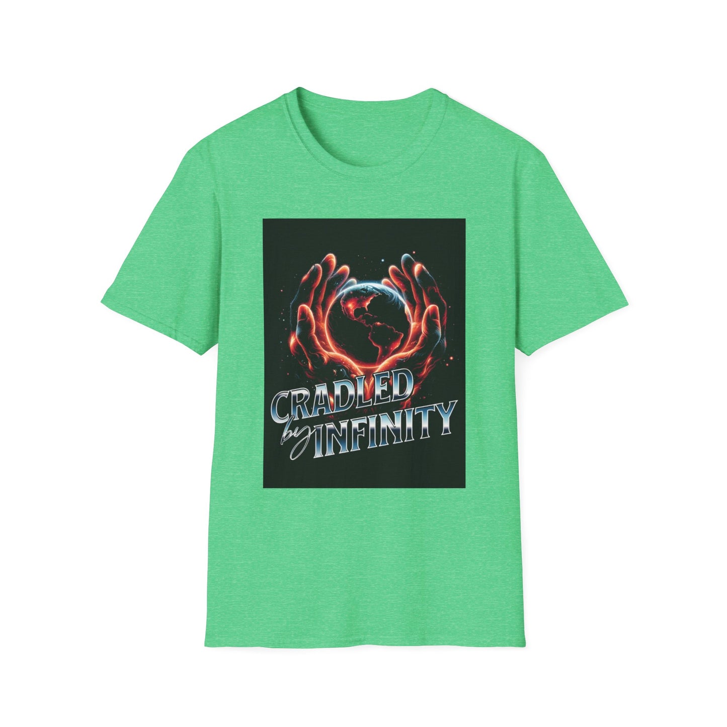 Cradled by Infinity T-Shirt, Cosmic Graphic Tee, Unisex Softstyle Shirt, Gift for Space Lovers, Fun Casual Wear, Summer Outfit
