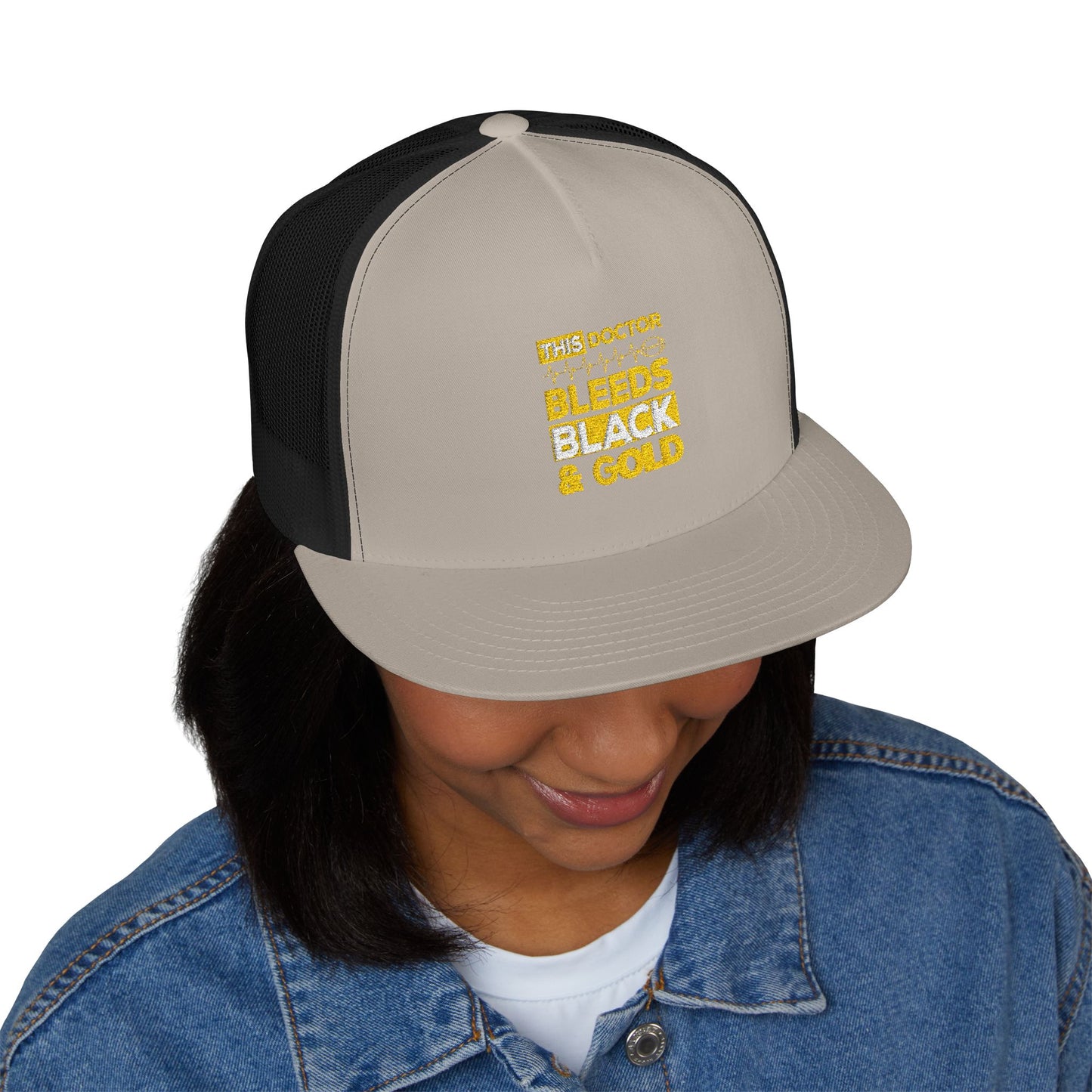 Stylish 5 Panel Trucker Cap - 'Doctor Bleeds Black & Gold' Embroidered Hat, Sports Cap, Gift for Medical Professionals, Adjustable [...]