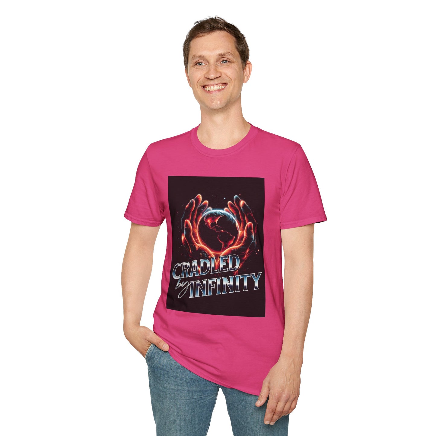 Cradled by Infinity T-Shirt, Cosmic Graphic Tee, Unisex Softstyle Shirt, Gift for Space Lovers, Fun Casual Wear, Summer Outfit