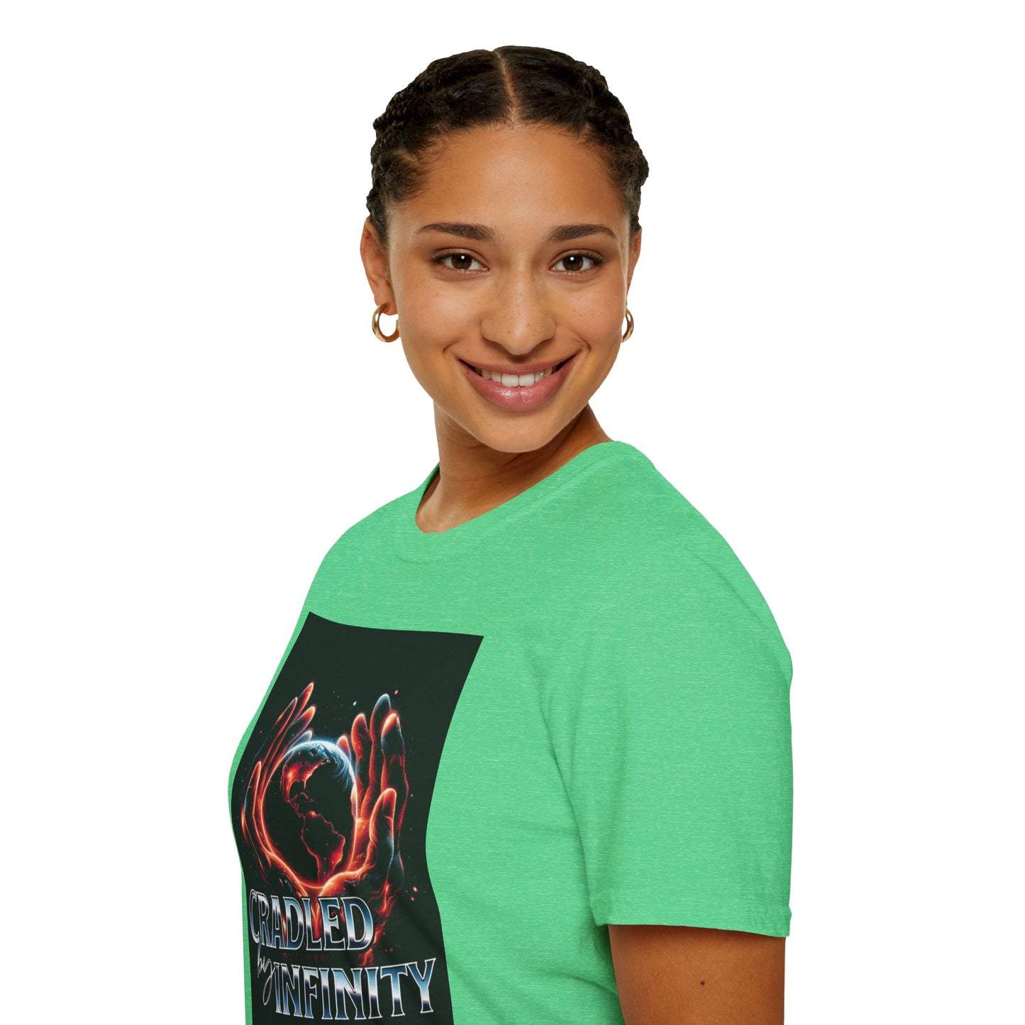 Cradled by Infinity T-Shirt, Cosmic Graphic Tee, Unisex Softstyle Shirt, Gift for Space Lovers, Fun Casual Wear, Summer Outfit