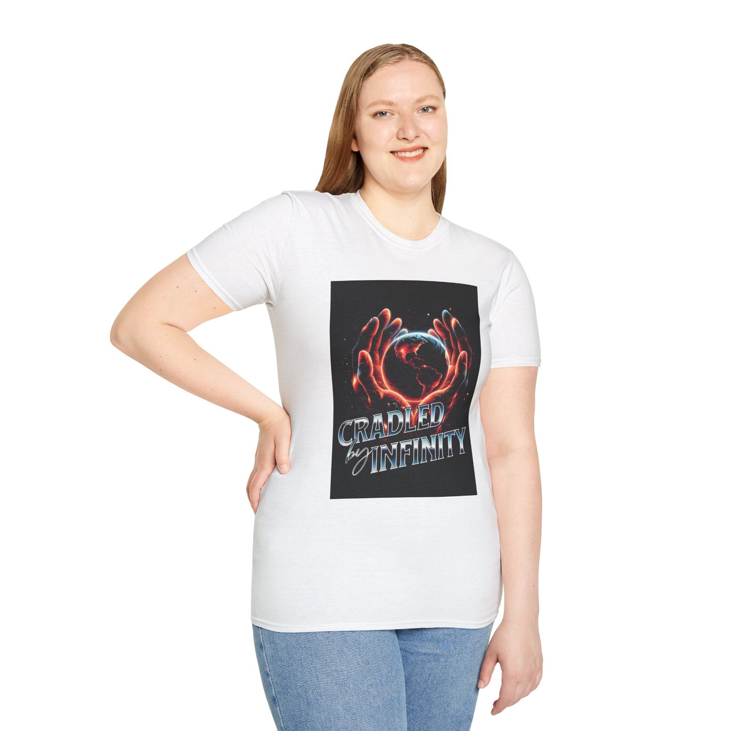 Cradled by Infinity T-Shirt, Cosmic Graphic Tee, Unisex Softstyle Shirt, Gift for Space Lovers, Fun Casual Wear, Summer Outfit