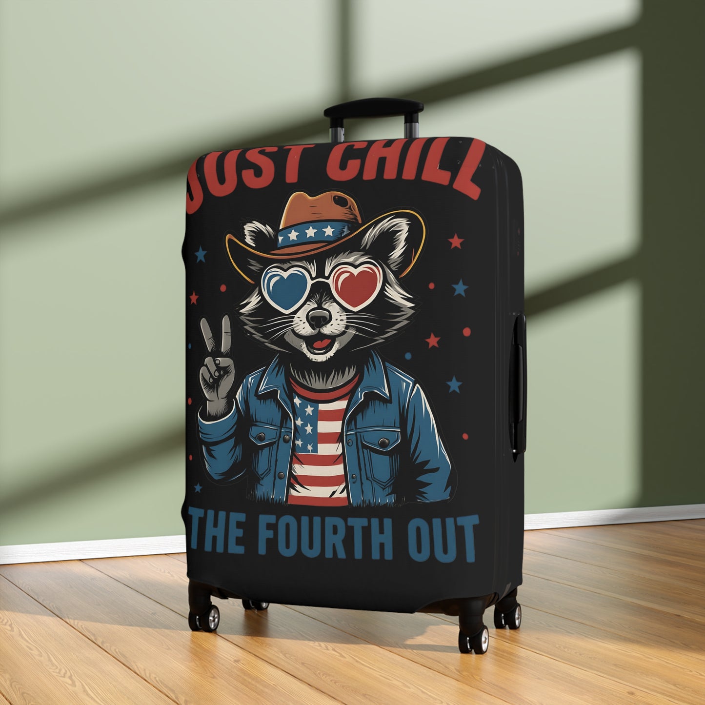 Patriotic Luggage Cover with Fun Raccoon Design - Travel Accessory, Suitcase Protector, Fourth of July Gift, Vacation Essential, [...]