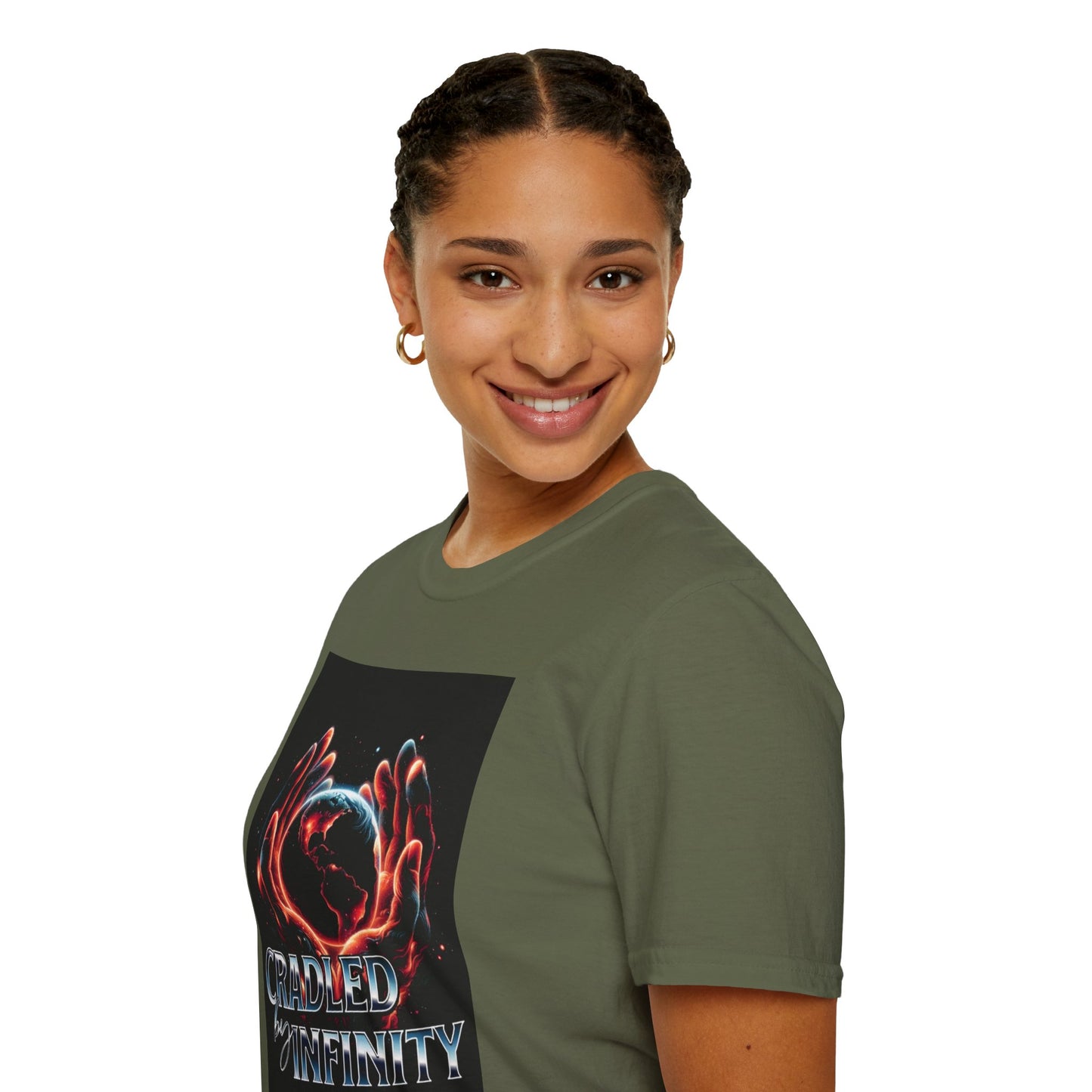 Cradled by Infinity T-Shirt, Cosmic Graphic Tee, Unisex Softstyle Shirt, Gift for Space Lovers, Fun Casual Wear, Summer Outfit