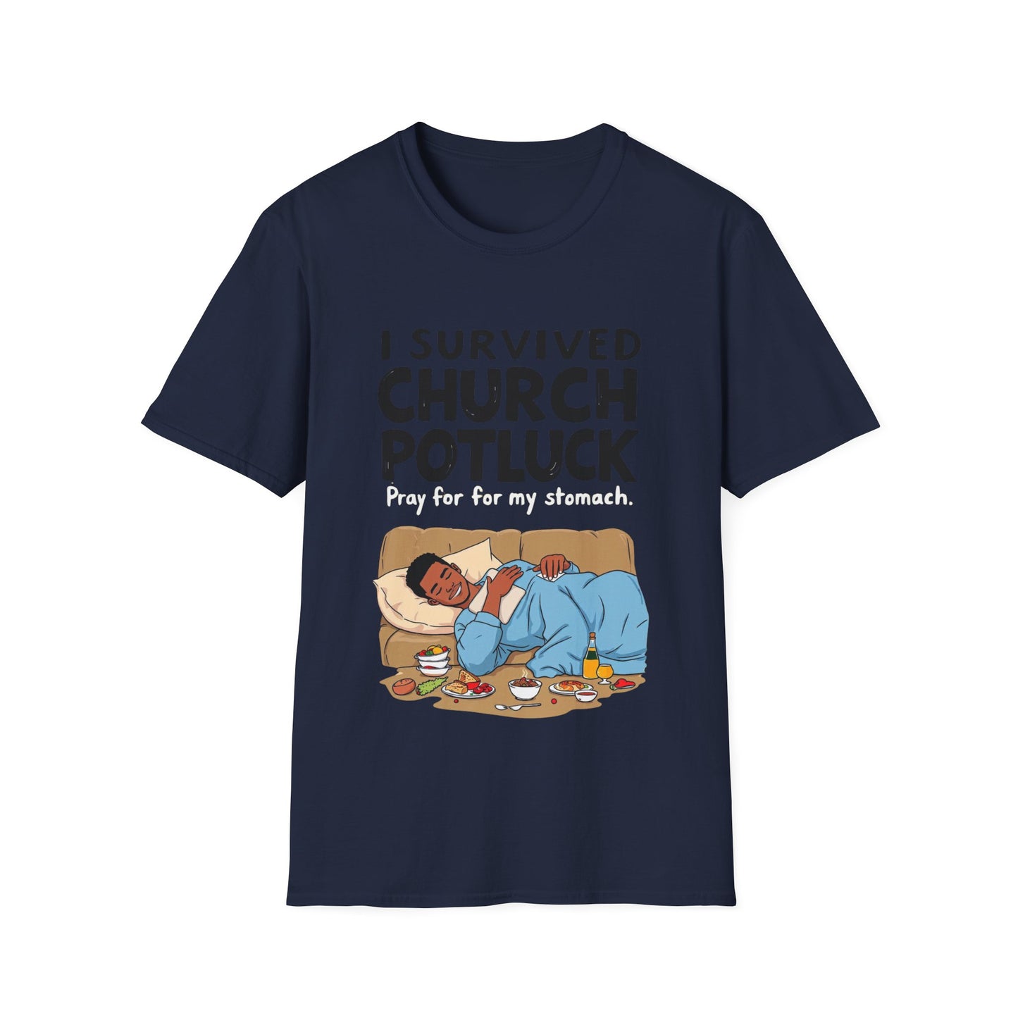 I Survived Church Potluck T-Shirt, Funny Church Shirt, Unisex Softstyle Tee, Casual Wear, Humorous Gift for Potluck Lovers