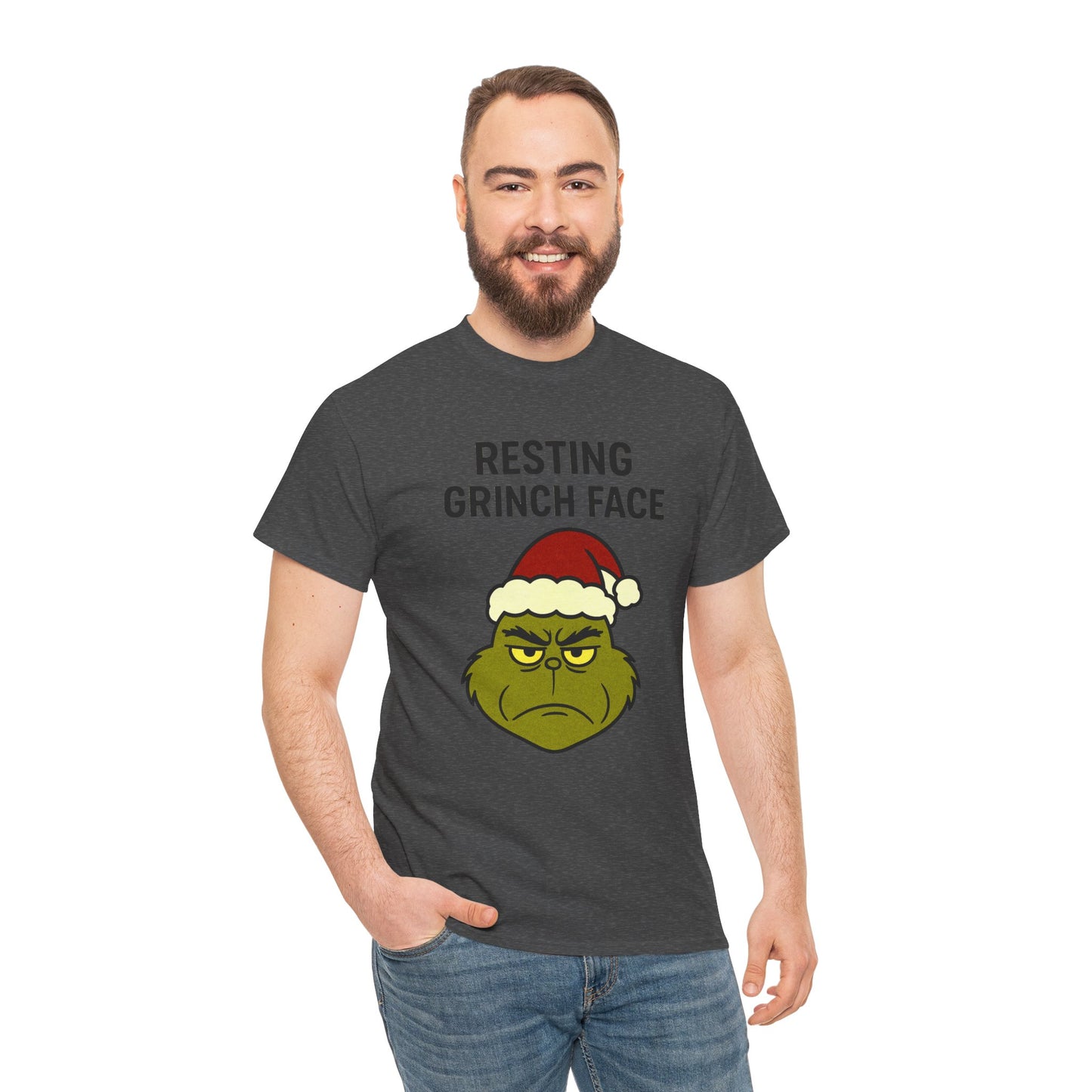 Resting Grinch Face Unisex Heavy Cotton Tee - Perfect Holiday Humor Shirt