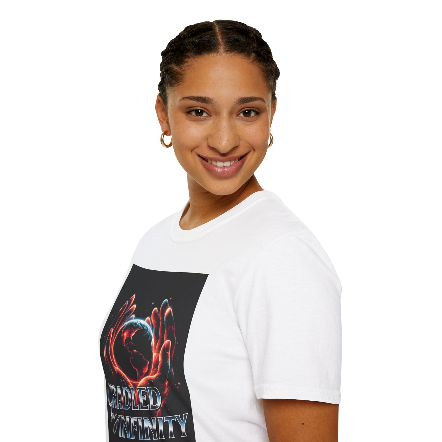 Cradled by Infinity T-Shirt, Cosmic Graphic Tee, Unisex Softstyle Shirt, Gift for Space Lovers, Fun Casual Wear, Summer Outfit
