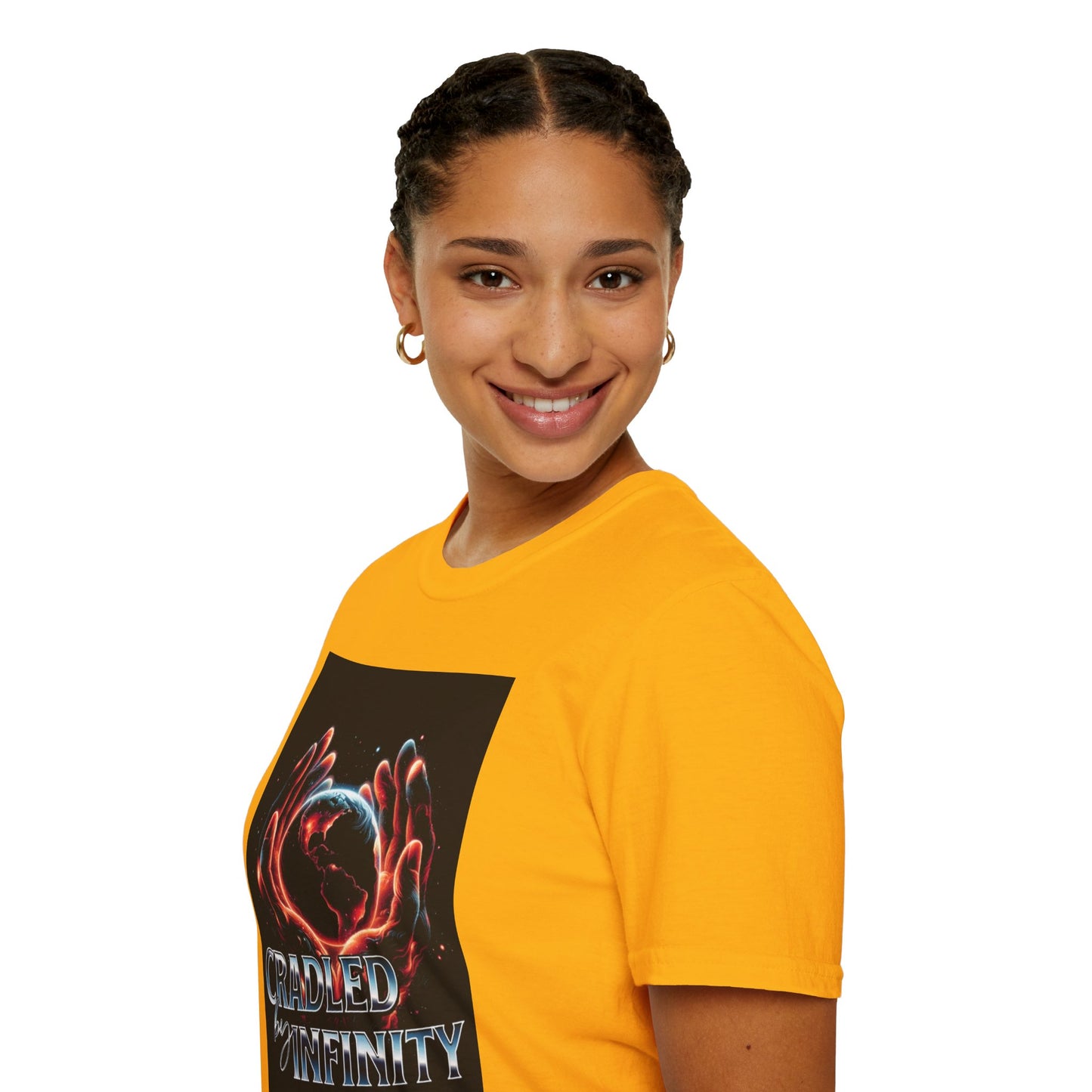Cradled by Infinity T-Shirt, Cosmic Graphic Tee, Unisex Softstyle Shirt, Gift for Space Lovers, Fun Casual Wear, Summer Outfit