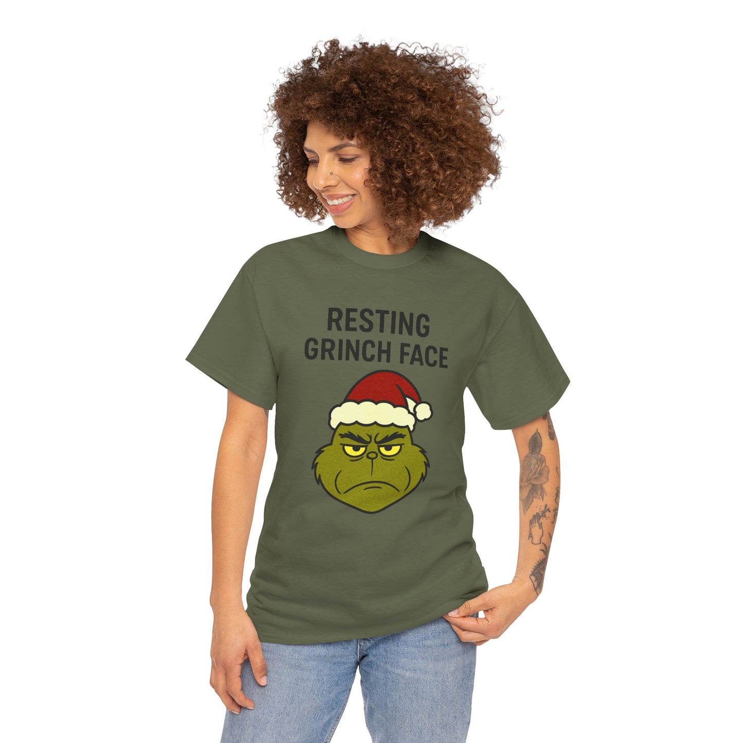 Resting Grinch Face Unisex Heavy Cotton Tee - Perfect Holiday Humor Shirt