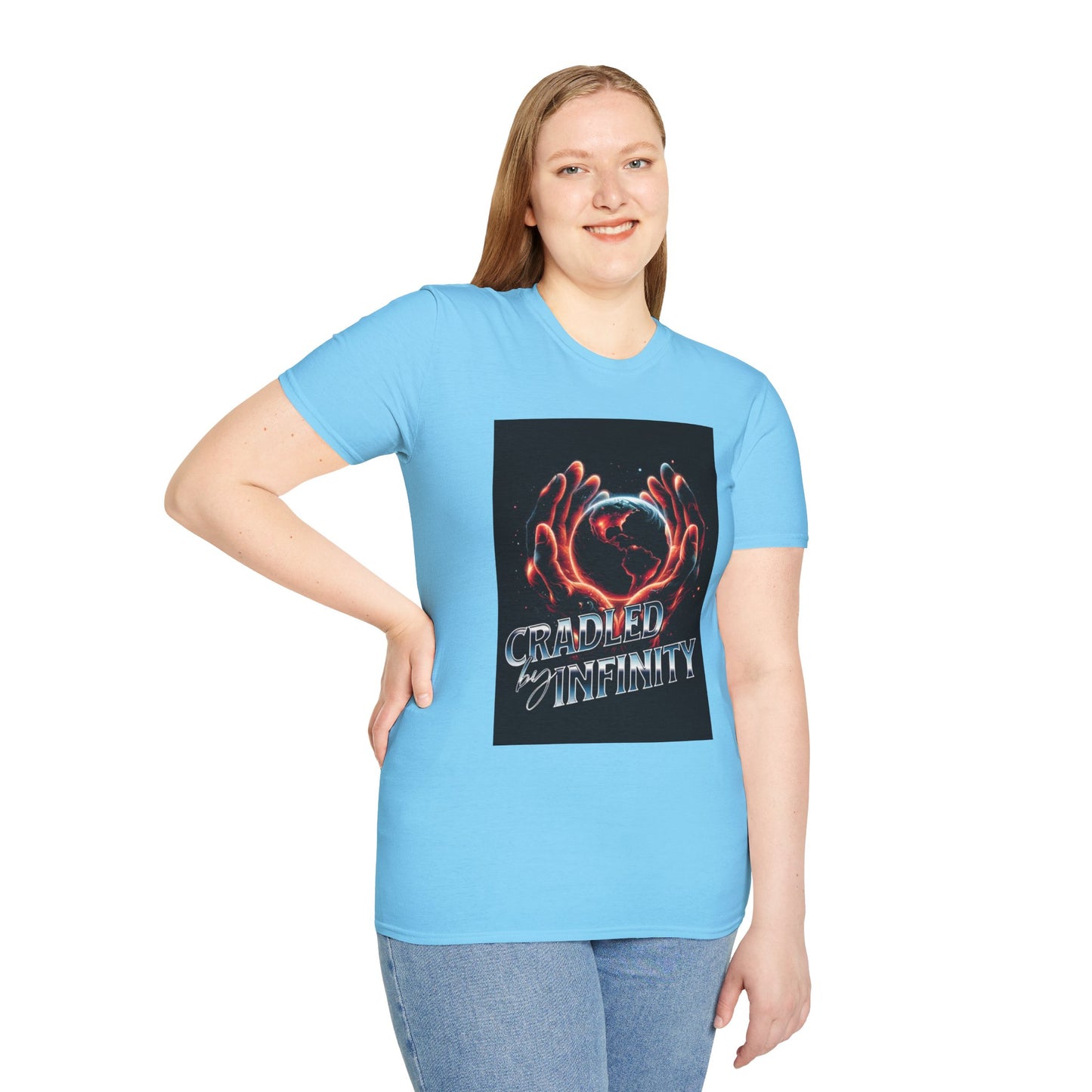 Cradled by Infinity T-Shirt, Cosmic Graphic Tee, Unisex Softstyle Shirt, Gift for Space Lovers, Fun Casual Wear, Summer Outfit