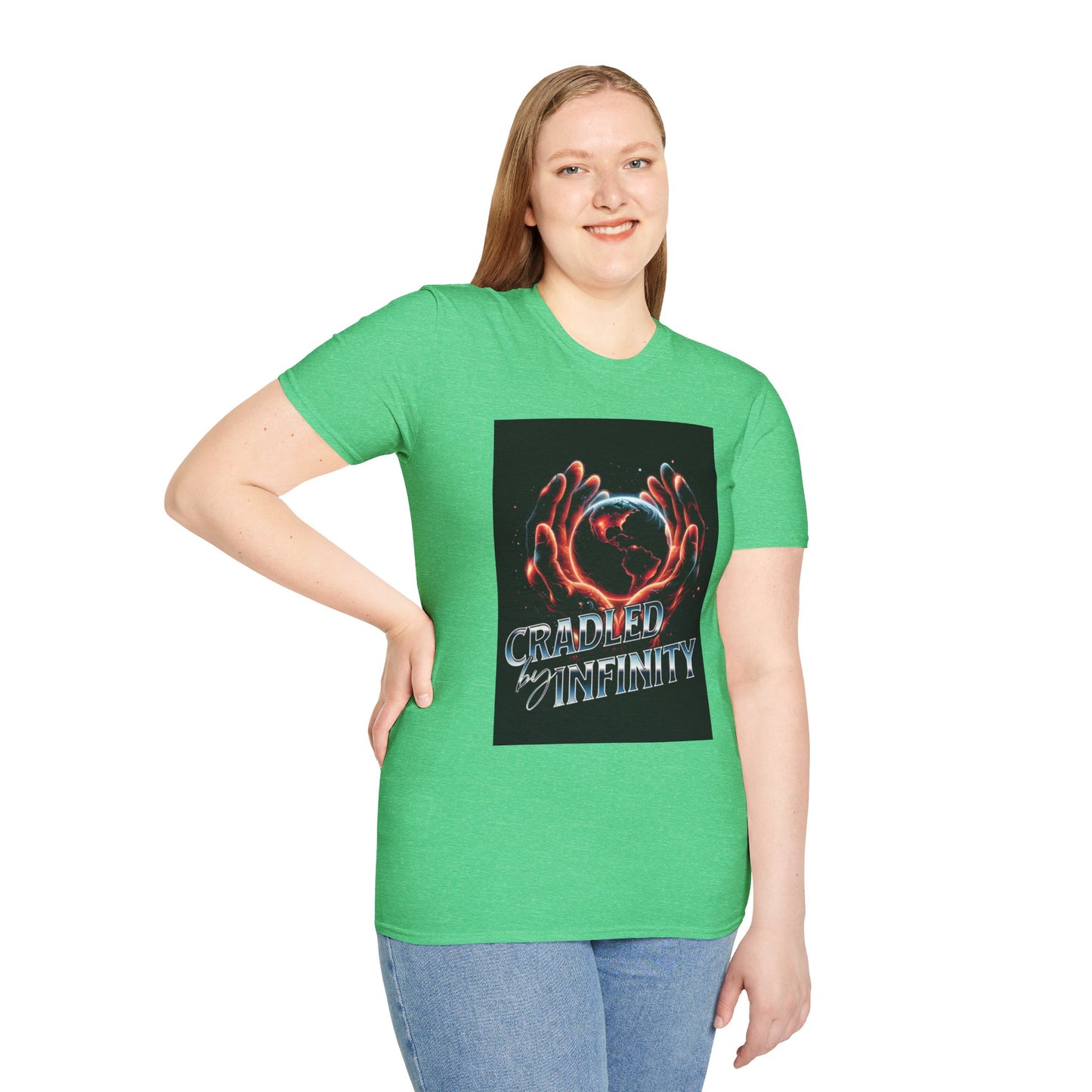 Cradled by Infinity T-Shirt, Cosmic Graphic Tee, Unisex Softstyle Shirt, Gift for Space Lovers, Fun Casual Wear, Summer Outfit