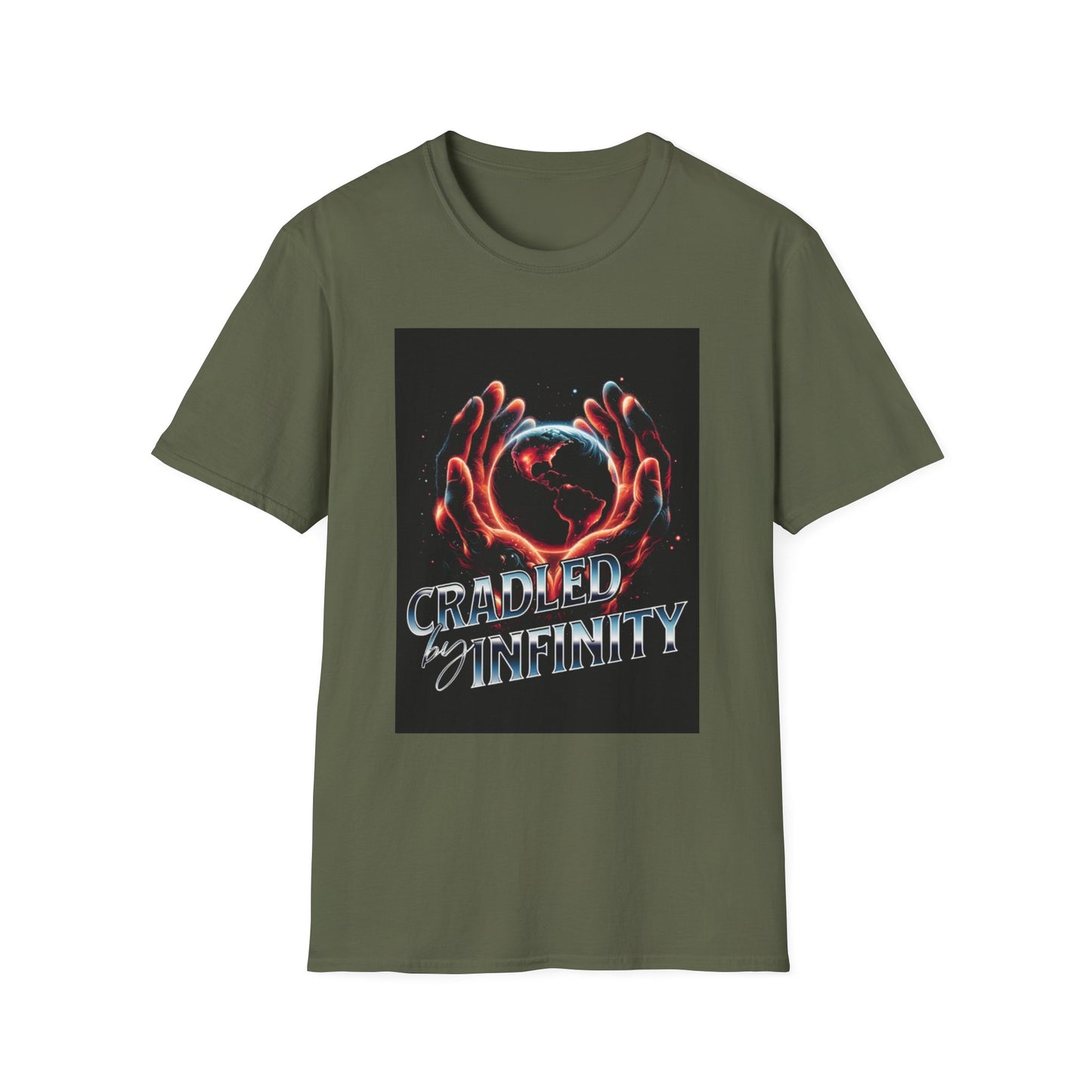 Cradled by Infinity T-Shirt, Cosmic Graphic Tee, Unisex Softstyle Shirt, Gift for Space Lovers, Fun Casual Wear, Summer Outfit