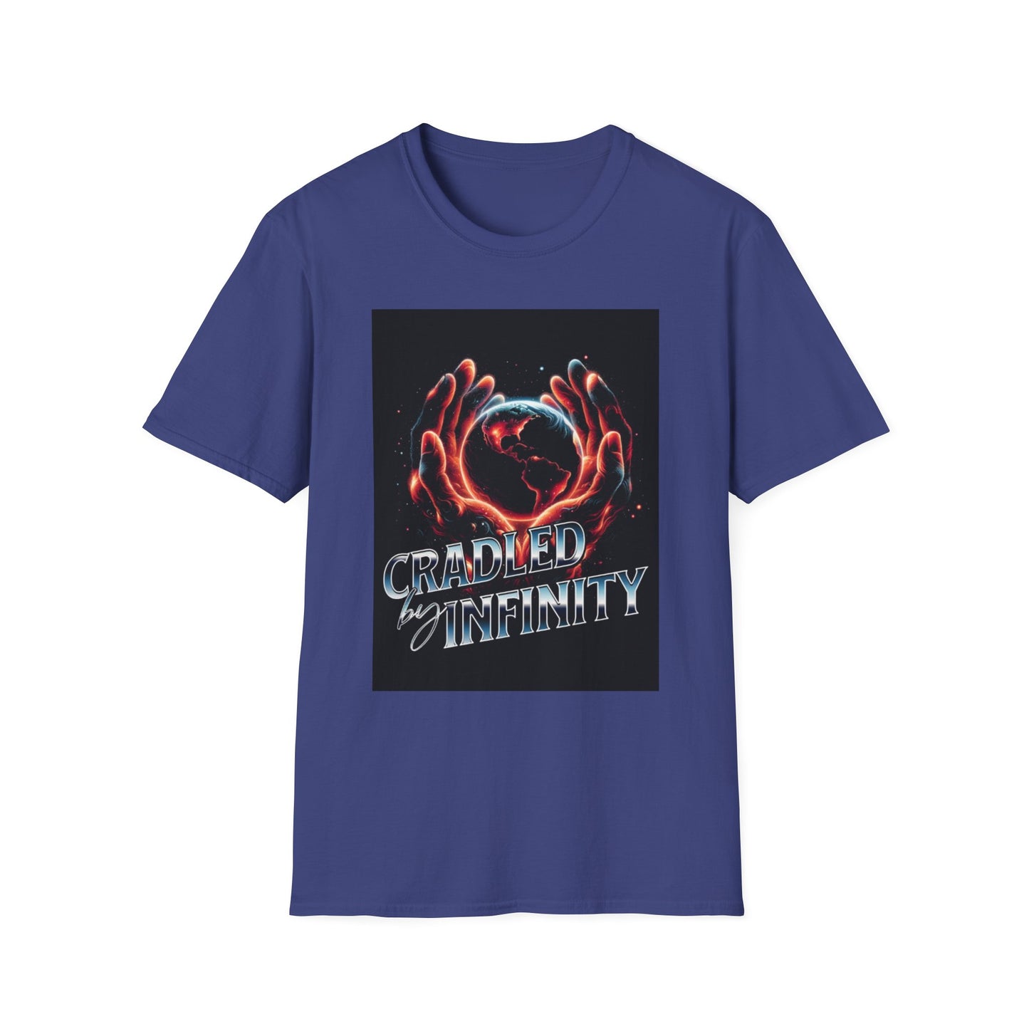 Cradled by Infinity T-Shirt, Cosmic Graphic Tee, Unisex Softstyle Shirt, Gift for Space Lovers, Fun Casual Wear, Summer Outfit