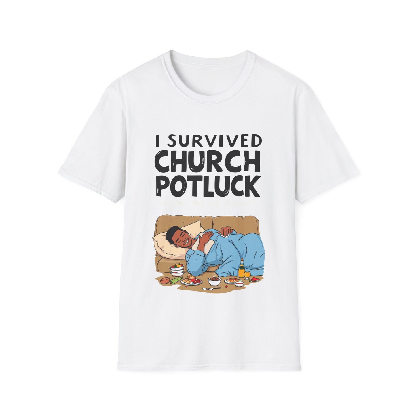 I Survived Church Potluck T-Shirt, Funny Church Shirt, Unisex Softstyle Tee, Casual Wear, Humorous Gift for Potluck Lovers