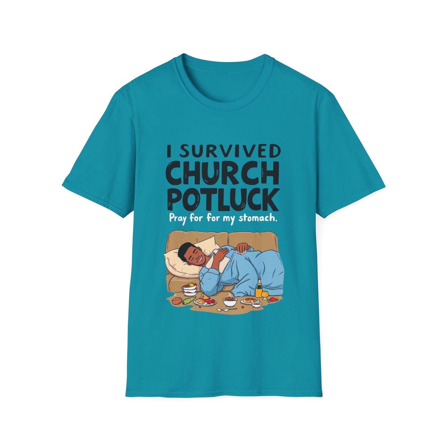 I Survived Church Potluck T-Shirt, Funny Church Shirt, Unisex Softstyle Tee, Casual Wear, Humorous Gift for Potluck Lovers