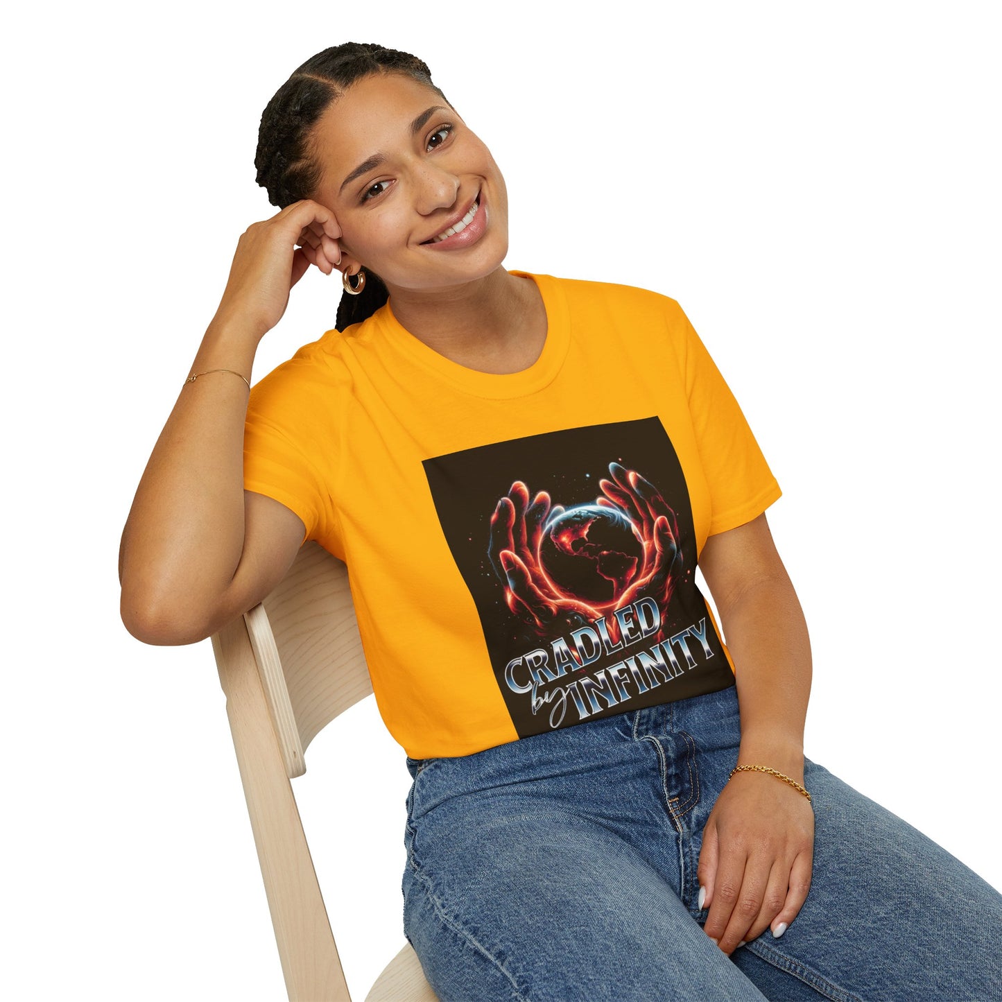 Cradled by Infinity T-Shirt, Cosmic Graphic Tee, Unisex Softstyle Shirt, Gift for Space Lovers, Fun Casual Wear, Summer Outfit