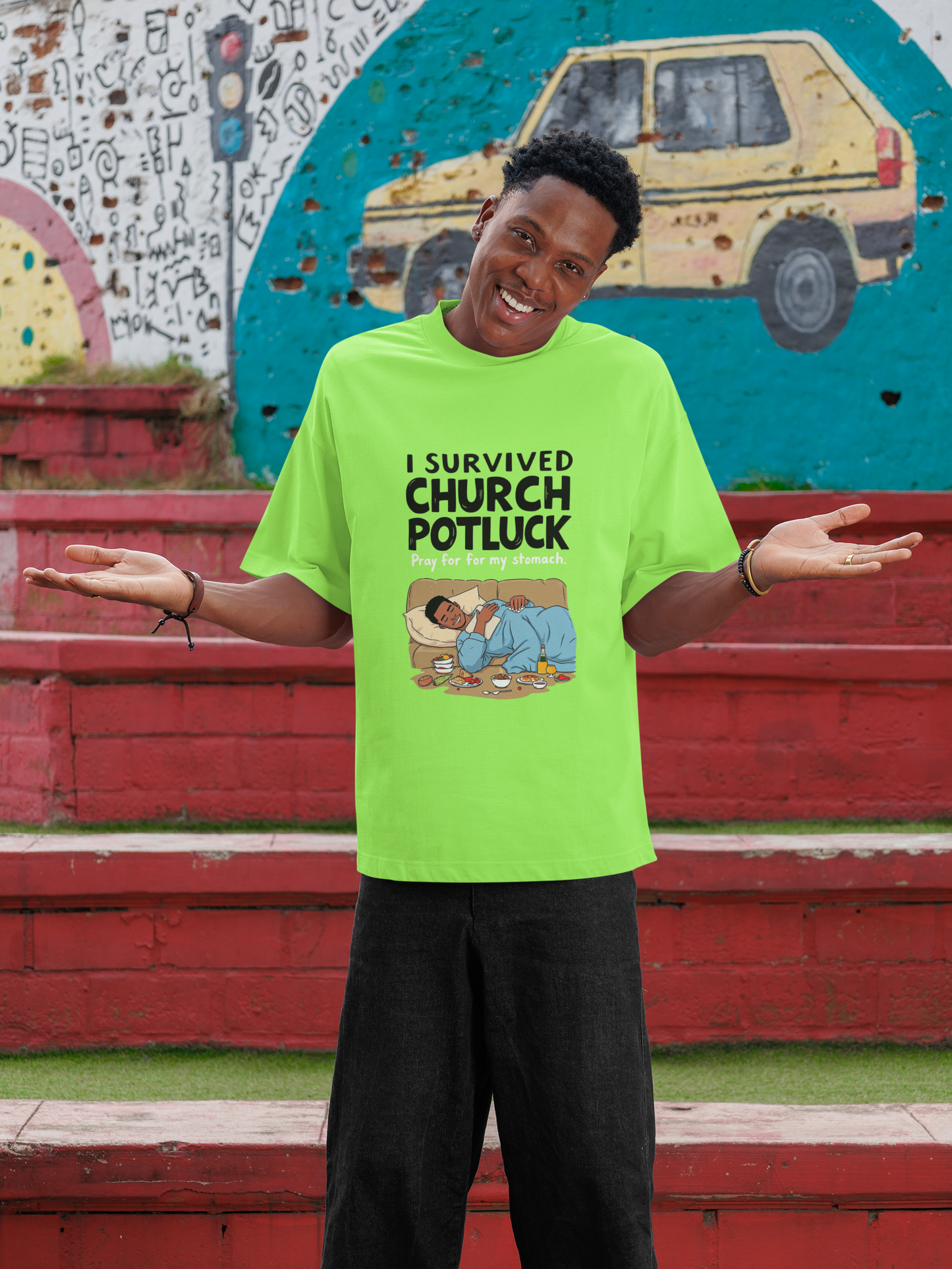 I Survived Church Potluck T-Shirt, Funny Church Shirt, Unisex Softstyle Tee, Casual Wear, Humorous Gift for Potluck Lovers