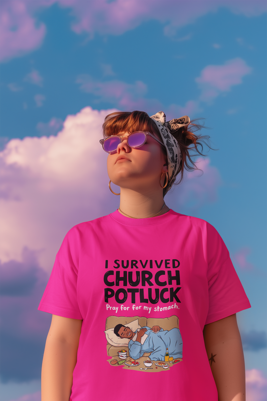 I Survived Church Potluck T-Shirt, Funny Church Shirt, Unisex Softstyle Tee, Casual Wear, Humorous Gift for Potluck Lovers