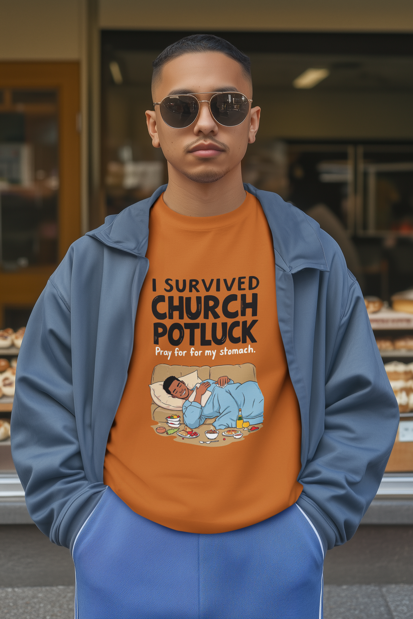 I Survived Church Potluck T-Shirt, Funny Church Shirt, Unisex Softstyle Tee, Casual Wear, Humorous Gift for Potluck Lovers