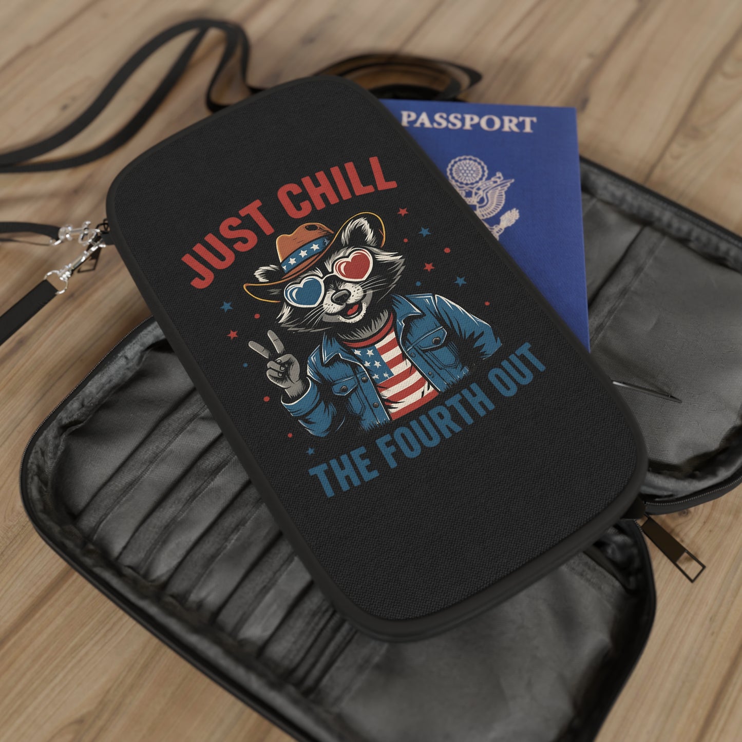 Patriotic Raccoon Passport Wallet - Just Chill, Travel Organizer, Independence Day Gift, Cool Travel Accessories, Fun Passport Holder