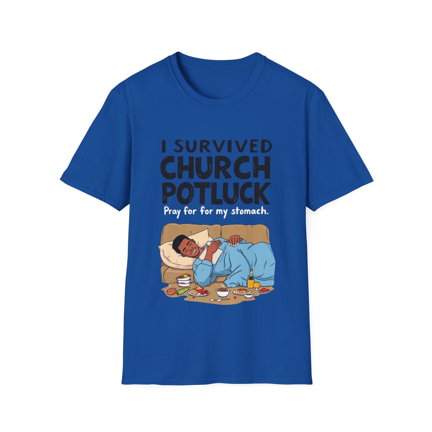 I Survived Church Potluck T-Shirt, Funny Church Shirt, Unisex Softstyle Tee, Casual Wear, Humorous Gift for Potluck Lovers