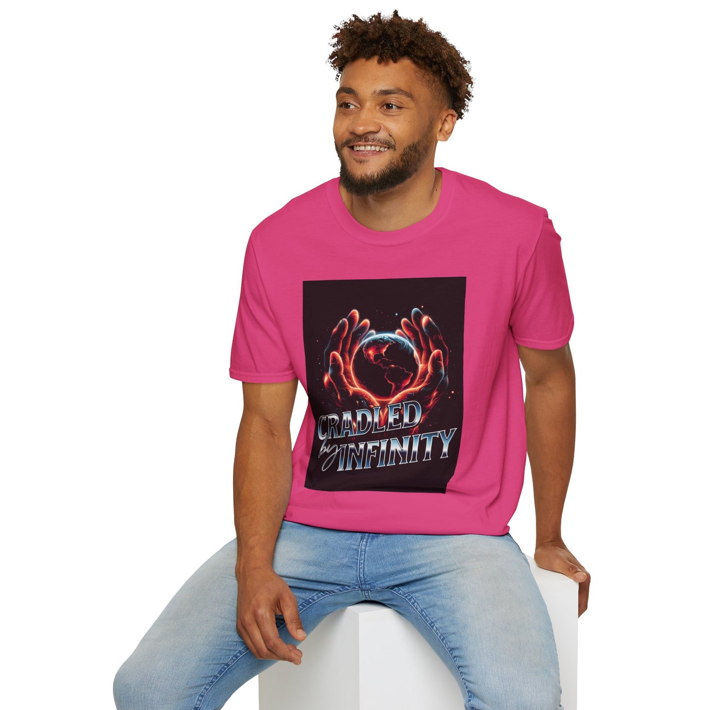 Cradled by Infinity T-Shirt, Cosmic Graphic Tee, Unisex Softstyle Shirt, Gift for Space Lovers, Fun Casual Wear, Summer Outfit