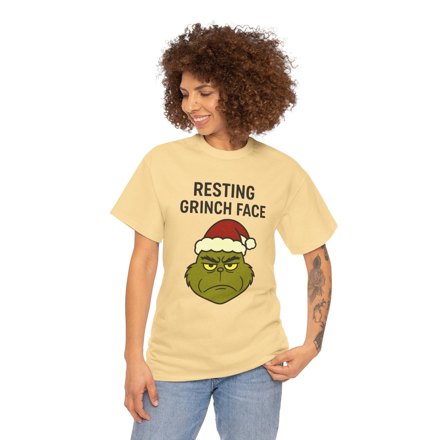 Resting Grinch Face Unisex Heavy Cotton Tee - Perfect Holiday Humor Shirt