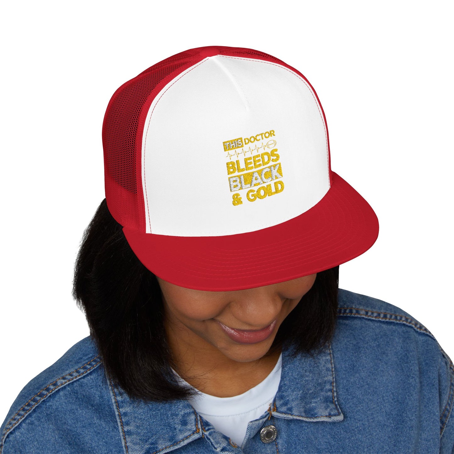 Stylish 5 Panel Trucker Cap - 'Doctor Bleeds Black & Gold' Embroidered Hat, Sports Cap, Gift for Medical Professionals, Adjustable [...]