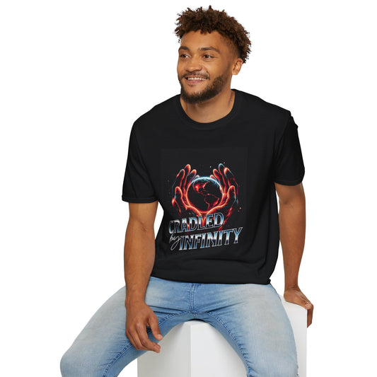 Cradled by Infinity T-Shirt, Cosmic Graphic Tee, Unisex Softstyle Shirt, Gift for Space Lovers, Fun Casual Wear, Summer Outfit