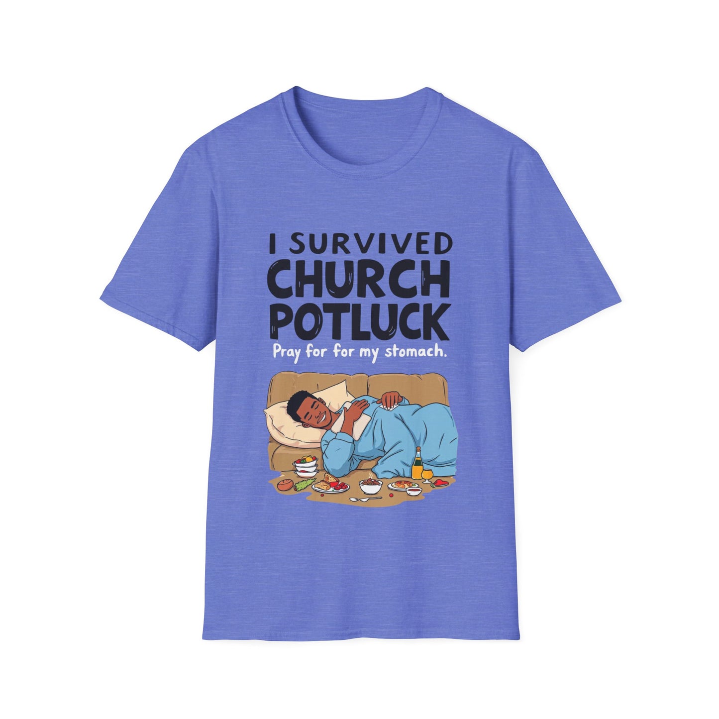 I Survived Church Potluck T-Shirt, Funny Church Shirt, Unisex Softstyle Tee, Casual Wear, Humorous Gift for Potluck Lovers