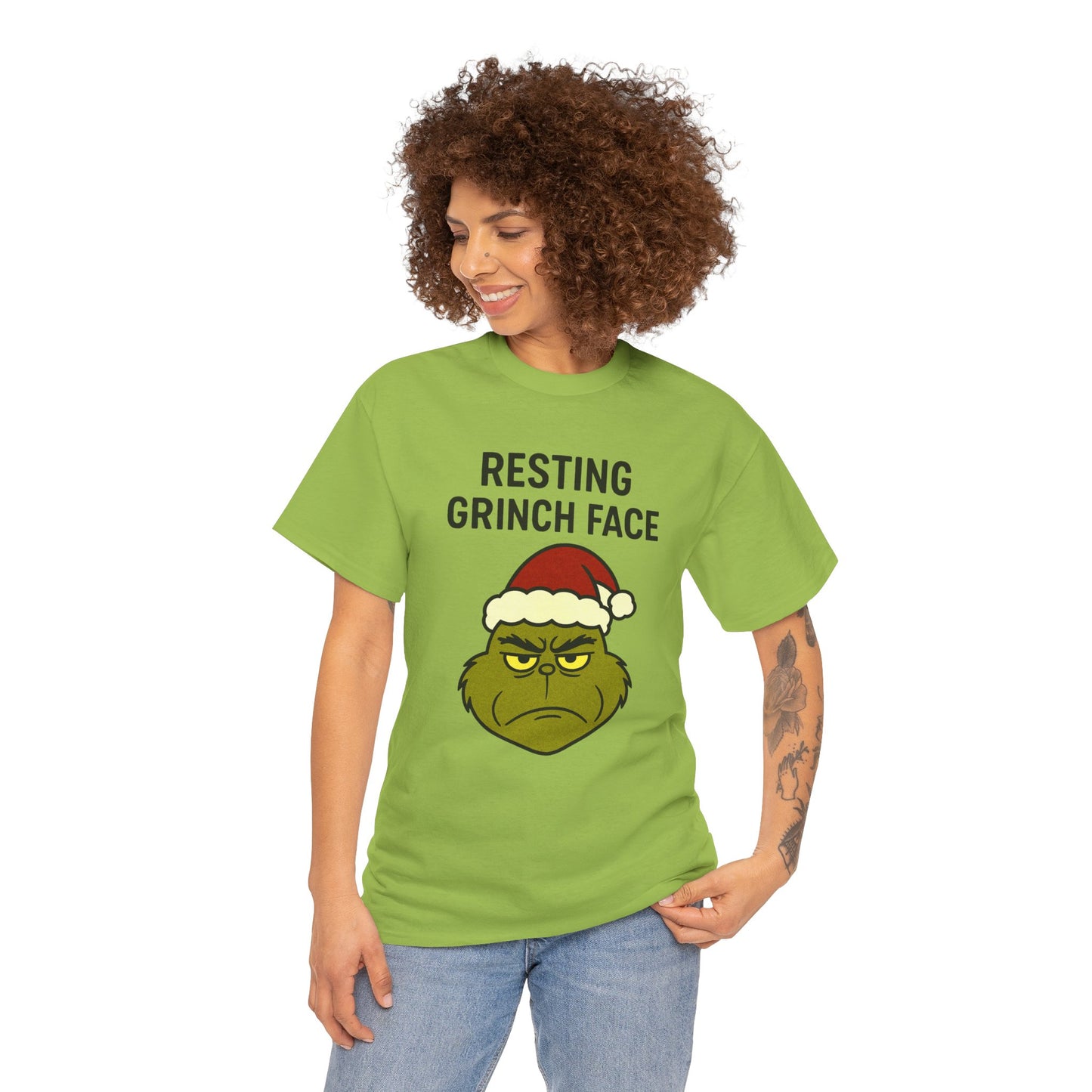 Resting Grinch Face Unisex Heavy Cotton Tee - Perfect Holiday Humor Shirt