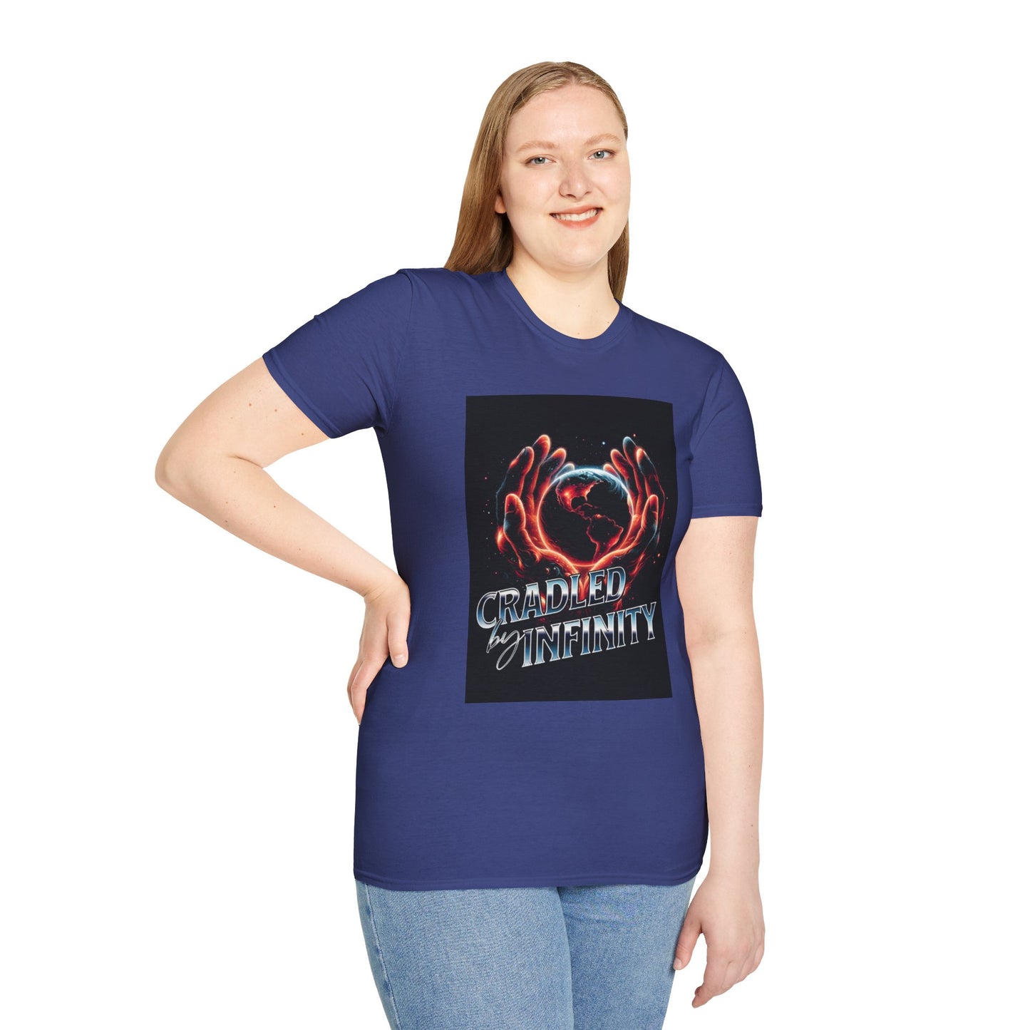 Cradled by Infinity T-Shirt, Cosmic Graphic Tee, Unisex Softstyle Shirt, Gift for Space Lovers, Fun Casual Wear, Summer Outfit