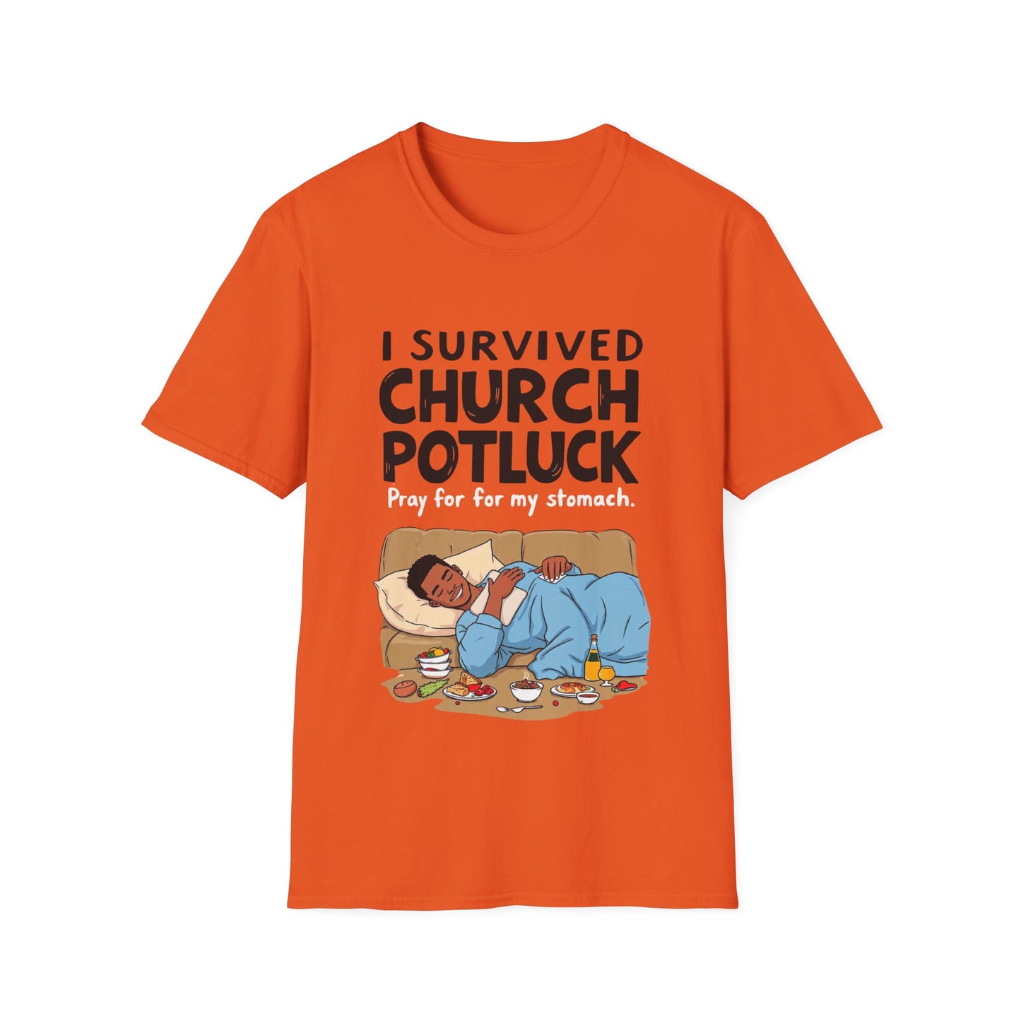 I Survived Church Potluck T-Shirt, Funny Church Shirt, Unisex Softstyle Tee, Casual Wear, Humorous Gift for Potluck Lovers