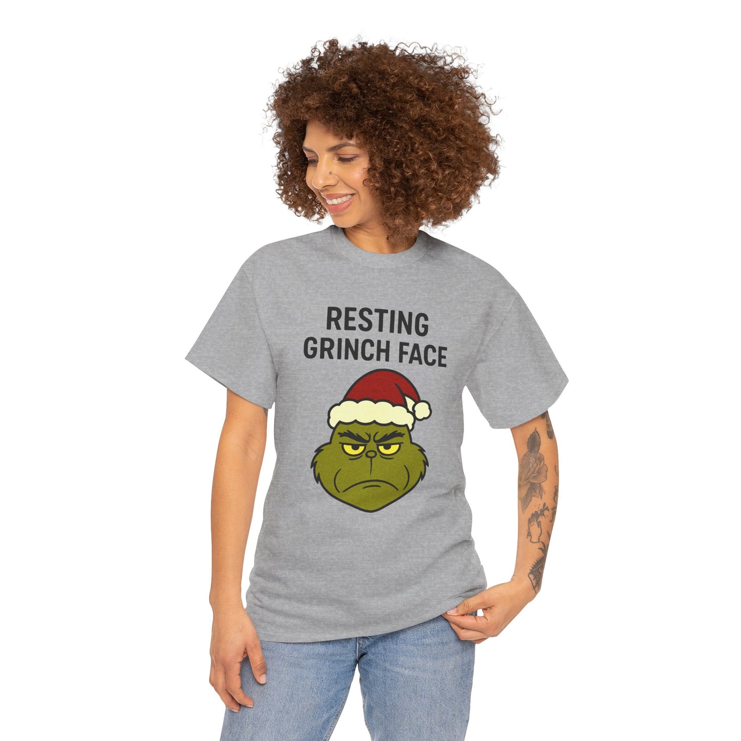 Resting Grinch Face Unisex Heavy Cotton Tee - Perfect Holiday Humor Shirt