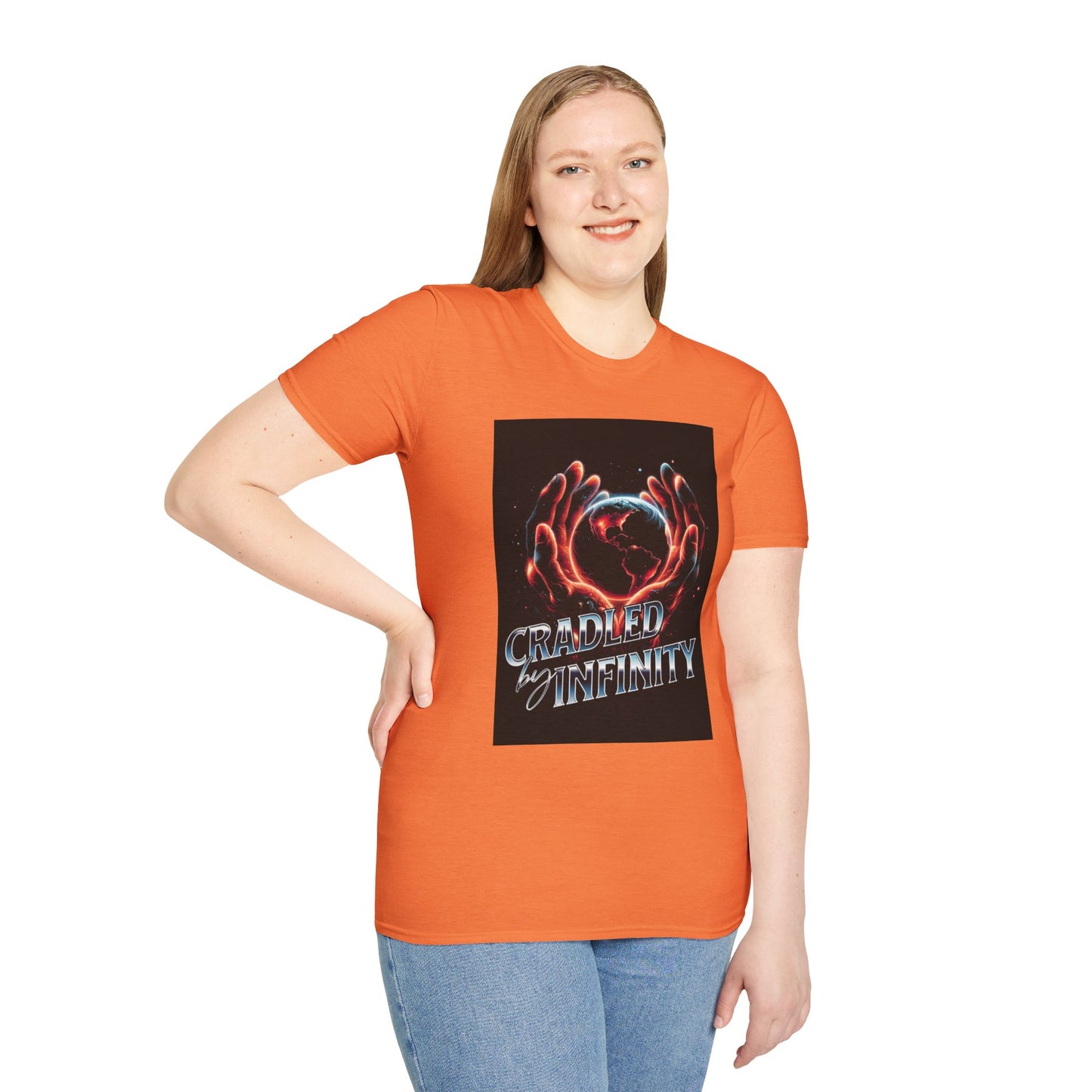 Cradled by Infinity T-Shirt, Cosmic Graphic Tee, Unisex Softstyle Shirt, Gift for Space Lovers, Fun Casual Wear, Summer Outfit
