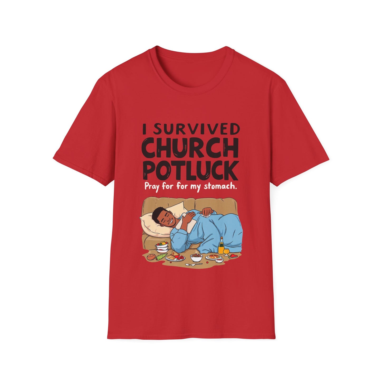 I Survived Church Potluck T-Shirt, Funny Church Shirt, Unisex Softstyle Tee, Casual Wear, Humorous Gift for Potluck Lovers