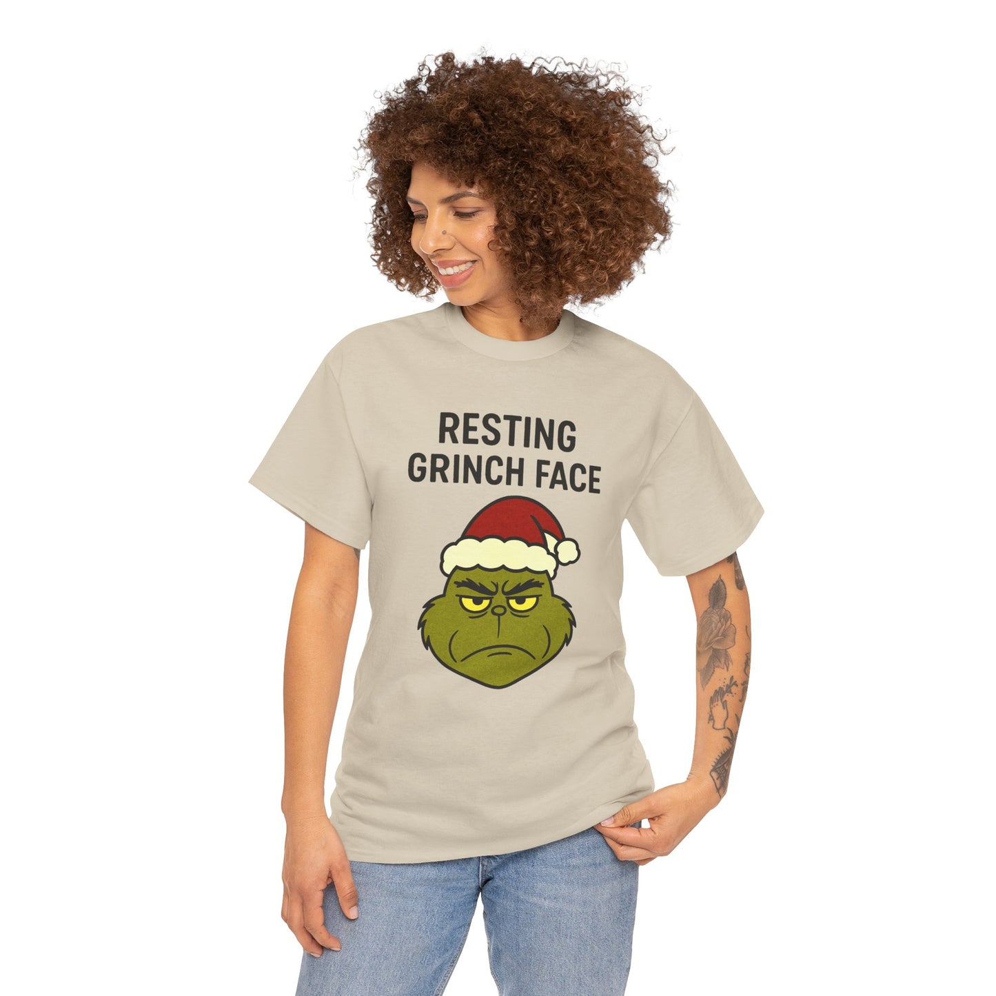 Resting Grinch Face Unisex Heavy Cotton Tee - Perfect Holiday Humor Shirt