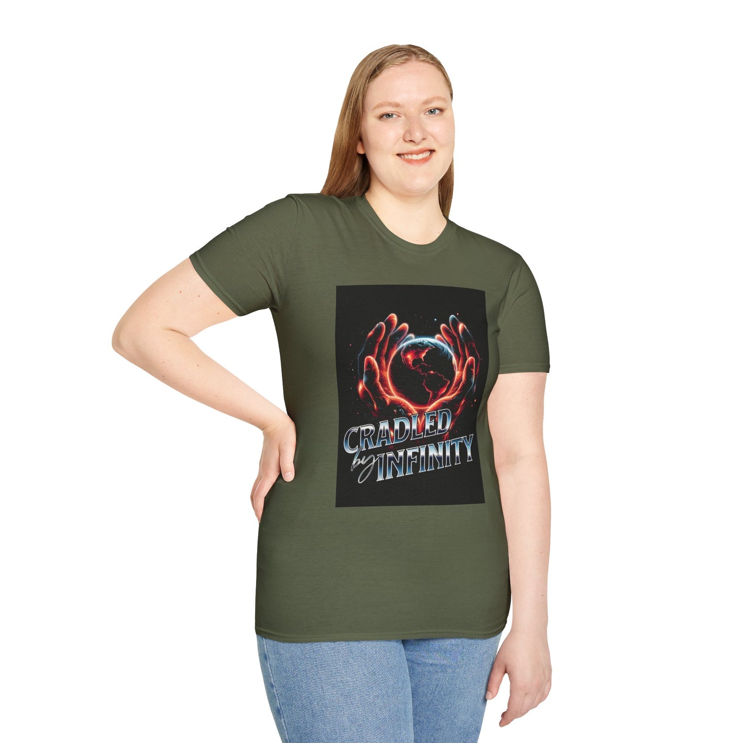 Cradled by Infinity T-Shirt, Cosmic Graphic Tee, Unisex Softstyle Shirt, Gift for Space Lovers, Fun Casual Wear, Summer Outfit