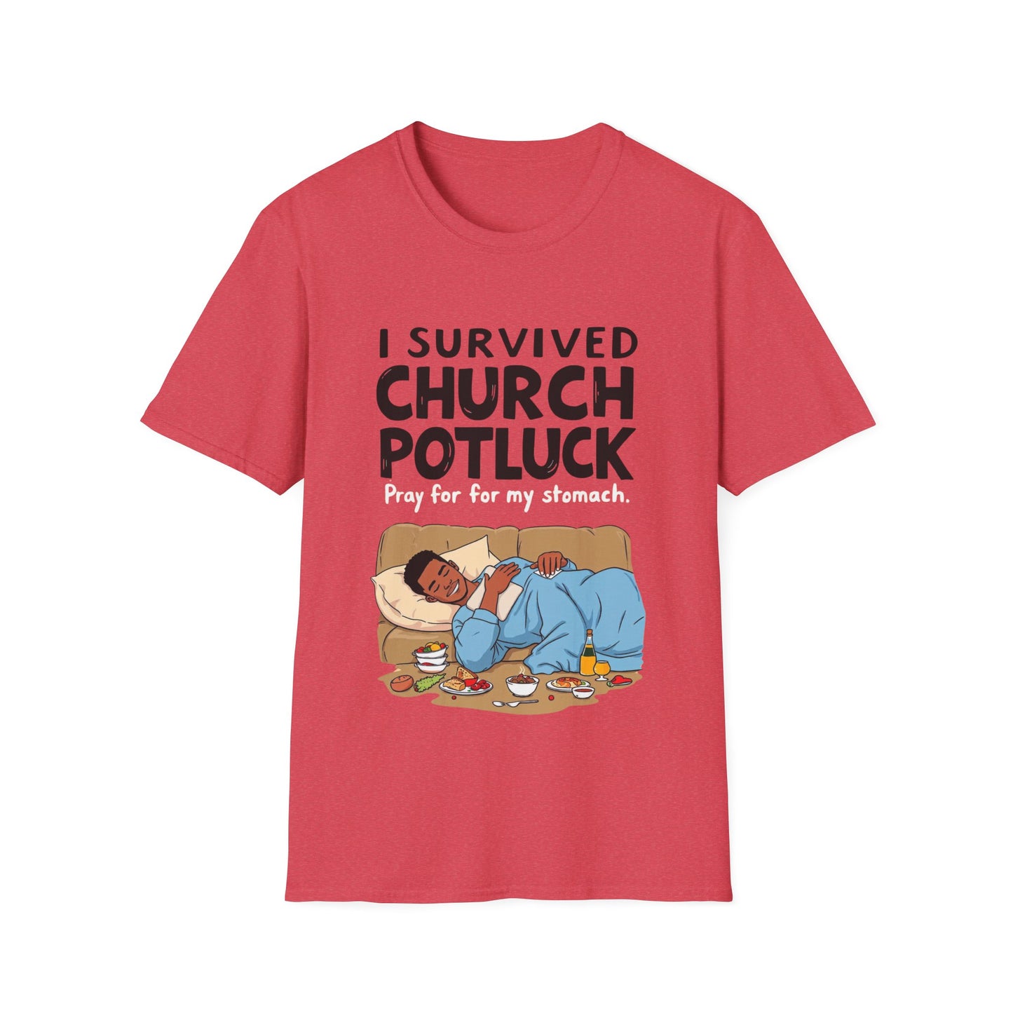 I Survived Church Potluck T-Shirt, Funny Church Shirt, Unisex Softstyle Tee, Casual Wear, Humorous Gift for Potluck Lovers
